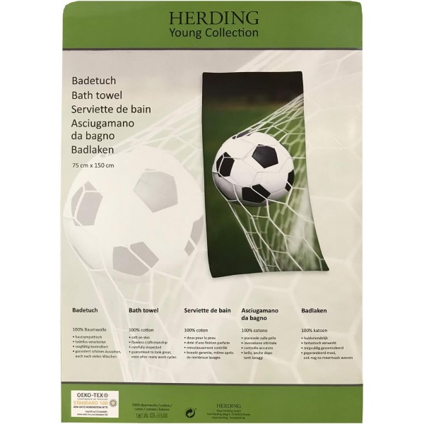 Herding 축구 침구 세트, 베개 커버 80 x 80 cm, 이불 커버 135 x 200 cm, 면/렌포스, 블랙/그레이 & 축구 목욕 타올, Young Collection, 75 x 150 cm, 면, 목욕 타올이 포함된 멀티컬러 독