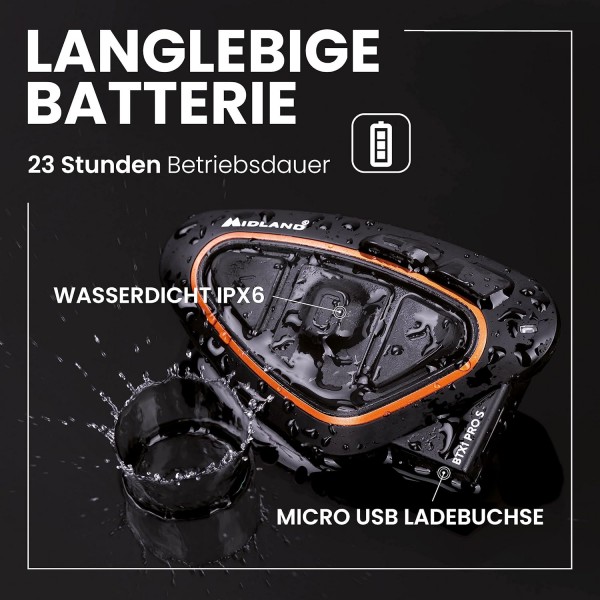 Midland BTX1 Pro S Twin C1411.05, 오토바이 운전자를 위한 듀오 블루투스 통신 시스템, IPX6 방수, 소음 제거, 바이크 투 바이크, 23시간 배터리, 800m 범위, 앱을 통한 FM 라디오