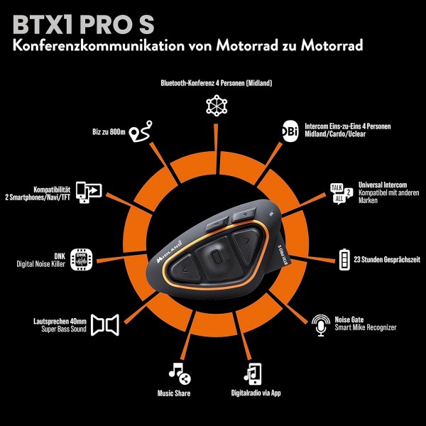 Midland BTX1 Pro S Twin C1411.05, 오토바이 운전자를 위한 듀오 블루투스 통신 시스템, IPX6 방수, 소음 제거, 바이크 투 바이크, 23시간 배터리, 800m 범위, 앱을 통한 FM 라디오