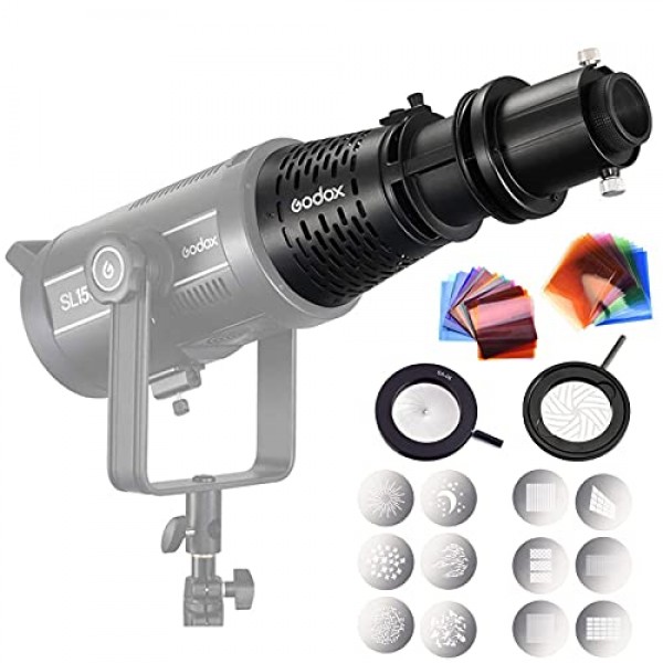 Godox SA-P 프로젝션 부착 장치가 포함된 Godox SA-17 Bowens 마운트 어댑터 + SA-09-001/004 + SA-06 Iris + SA-10 GOBO 세트 홀더 + SA-11C/SA-11T 컬러 젤은 LED 비디오용 연극 효과를 만듭니
