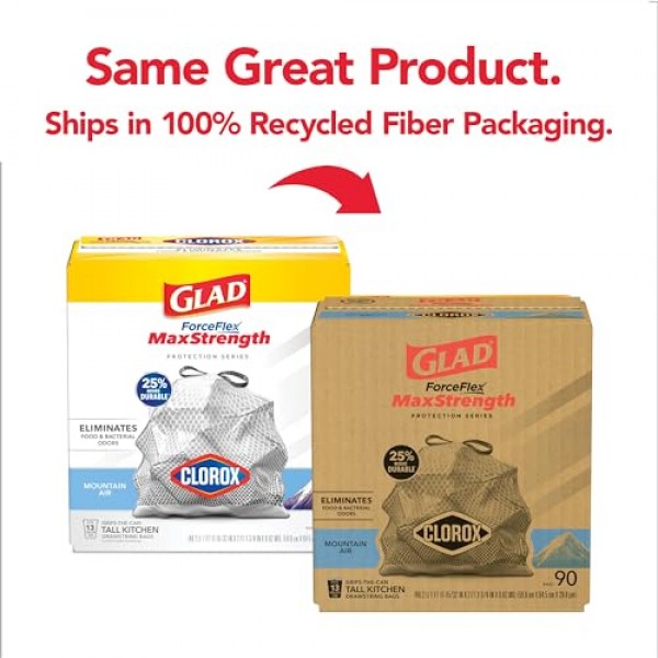 Glad 주방 쓰레기 봉투, Clorox가 포함된 ForceFlexPlus, 13 Gal, Mountain Air, 90 Ct(패키지는 다를 수 있음)