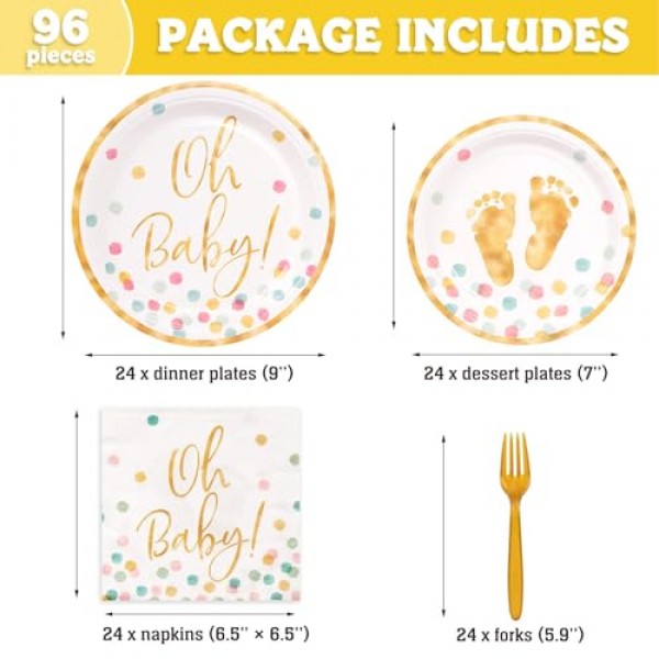 DECORLIFE 성별 공개 접시 및 냅킨 24인분, 오 베이비 아기 공개 파티 장식용 접시, 포크 포함, 총 96개