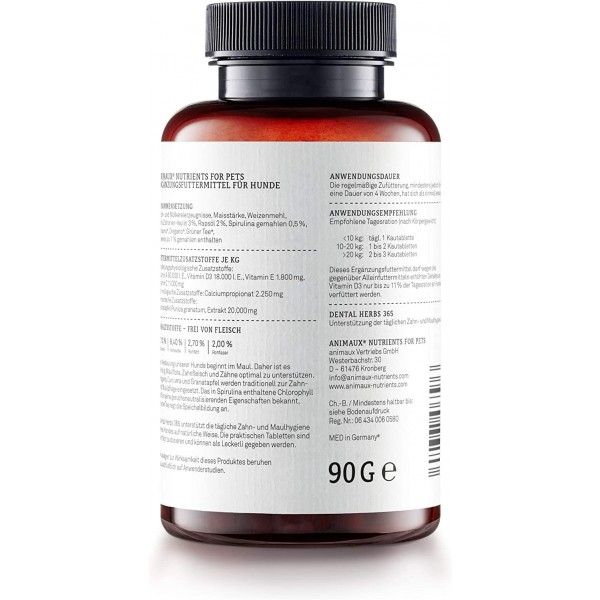 animaux dental Herbs Dogs - 개 사료 보조제, 치아 관리 및 치아 청소 지원, 치석, 치은염 및 구취 예방, 씹을 수 있는 60정
