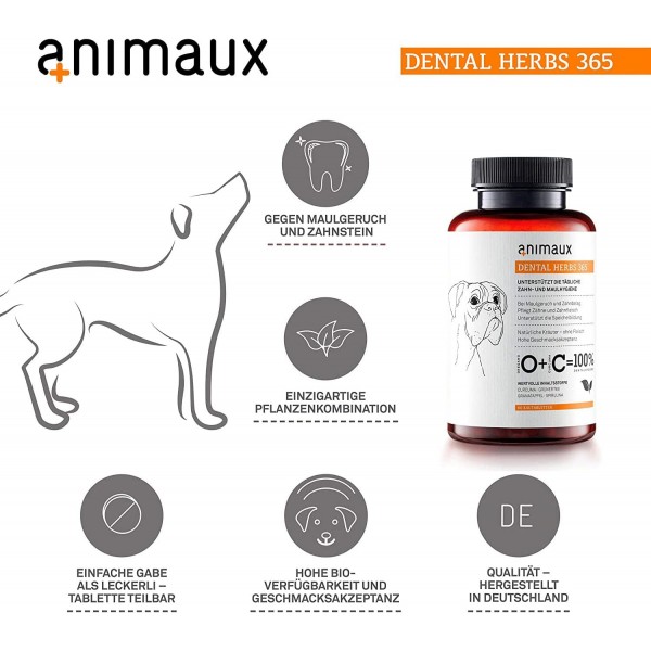 animaux dental Herbs Dogs - 개 사료 보조제, 치아 관리 및 치아 청소 지원, 치석, 치은염 및 구취 예방, 씹을 수 있는 60정