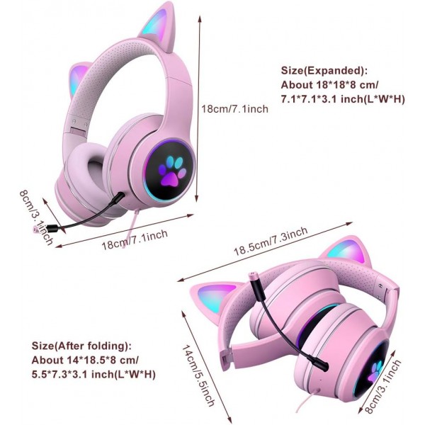 Cat Ears PS5 및 PS4용 마이크가 있는 스테레오 게임용 헤드셋 소음 감소 마이크 및 LED 조명 3.5mm 오디오 케이블 인터페이스 제트 블랙