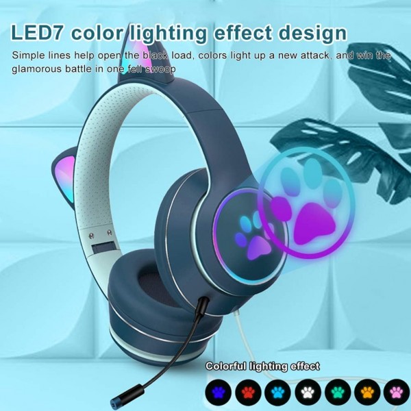 Cat Ears PS5 및 PS4용 마이크가 있는 스테레오 게임용 헤드셋 소음 감소 마이크 및 LED 조명 3.5mm 오디오 케이블 인터페이스 제트 블랙