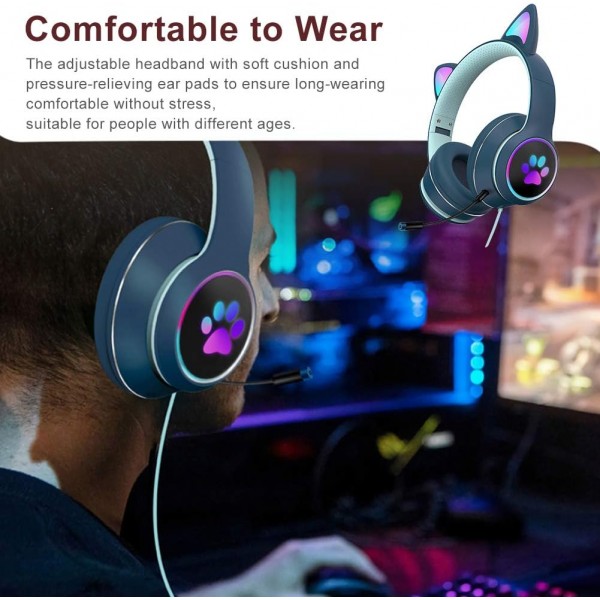 Cat Ears PS5 및 PS4용 마이크가 있는 스테레오 게임용 헤드셋 소음 감소 마이크 및 LED 조명 3.5mm 오디오 케이블 인터페이스 제트 블랙