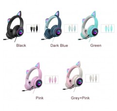 Cat Ears PS5 및 PS4용 마이크가 있는 스테레오 게임용 헤드셋 소음 감소 마이크 및 LED 조명 3.5mm 오디오 케이블 인터페이스 제트 블랙
