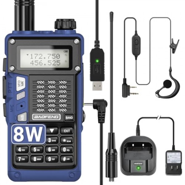 Baofeng Radio UV-S9 Pro Ham Radio UV-5R 듀얼 밴드 8W 고출력 휴대용 양방향 라디오(배터리 및 USB 충전기 케이블 워키토키 포함) 핸드헬드 업그레이드(파란색)