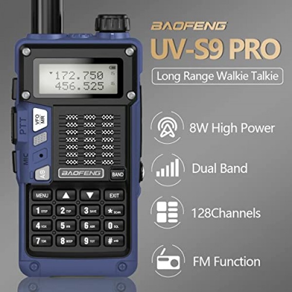 Baofeng Radio UV-S9 Pro Ham Radio UV-5R 듀얼 밴드 8W 고출력 휴대용 양방향 라디오(배터리 및 USB 충전기 케이블 워키토키 포함) 핸드헬드 업그레이드(파란색)
