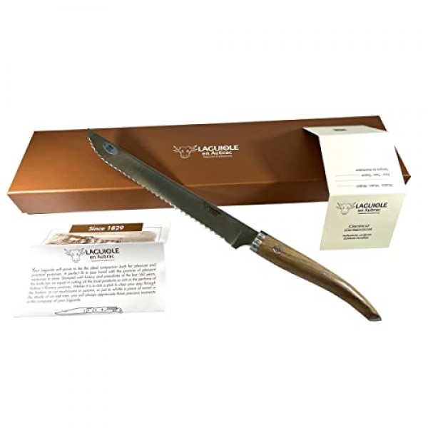 Laguiole en Aubrac Cuisine Gourmet 스테인리스 완전 단조 강철 프랑스산 빵 톱니 모양의 칼, 호두나무 손잡이, 9인치/25cm