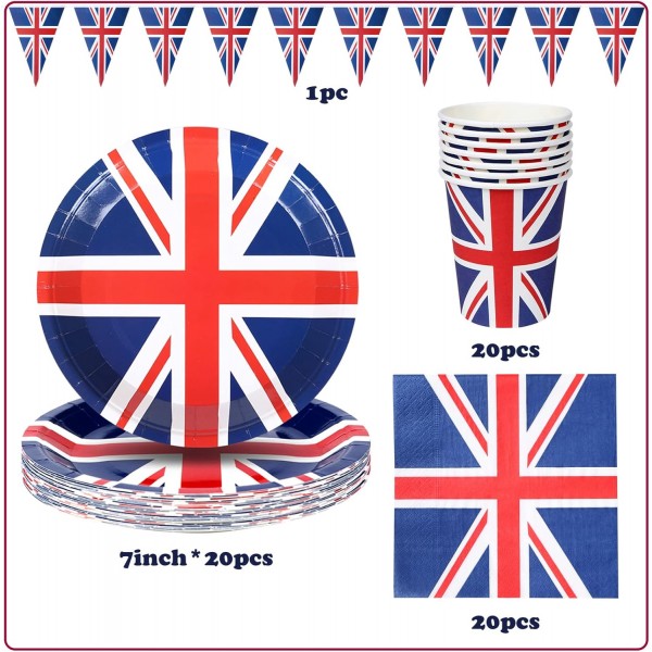 Formemory Union Jack 식기 세트 서브 20, Queens Platinum Jubilee 종이 접시 냅킨 컵 플래그 파티 Serviettes 식기 파티 용품(20 손님)