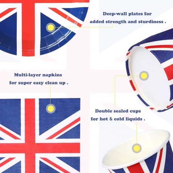 Formemory Union Jack 식기 세트 서브 20, Queens Platinum Jubilee 종이 접시 냅킨 컵 플래그 파티 Serviettes 식기 파티 용품(20 손님)