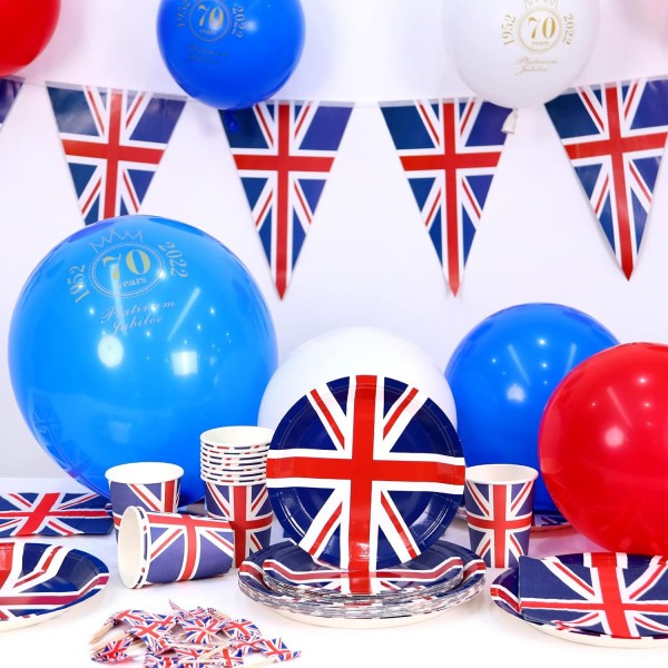 Formemory Union Jack 식기 세트 서브 20, Queens Platinum Jubilee 종이 접시 냅킨 컵 플래그 파티 Serviettes 식기 파티 용품(20 손님)