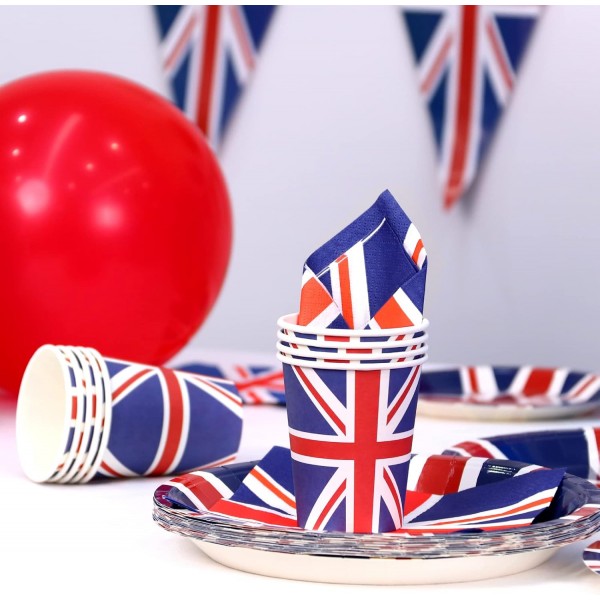 Formemory Union Jack 식기 세트 서브 20, Queens Platinum Jubilee 종이 접시 냅킨 컵 플래그 파티 Serviettes 식기 파티 용품(20 손님)