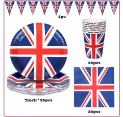 Formemory Union Jack 식기 세트 서브 20, Queens Platinum Jubilee 종이 접시 냅킨 컵 플래그 파티 Serviettes 식기 파티 용품(20 손님)