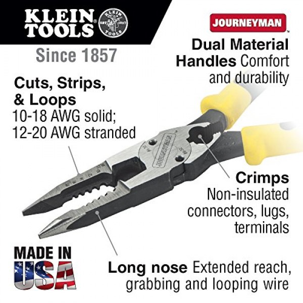 Klein Tools J207-8CR 니들 노즈 플라이어는 압착, 루핑, 절단, 스트리핑, 압착, 절단을 위한 다목적 라인맨 플라이어입니다.