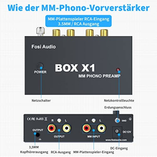 Fosi Audio Box X1 MM 턴테이블용 포노 프리앰프 미니 스테레오 오디오 HiFi 축음기/턴테이블 프리앰프(3.5mm 헤드폰 및 12V 전원 공급 장치가 있는 RCA 출력 포함)