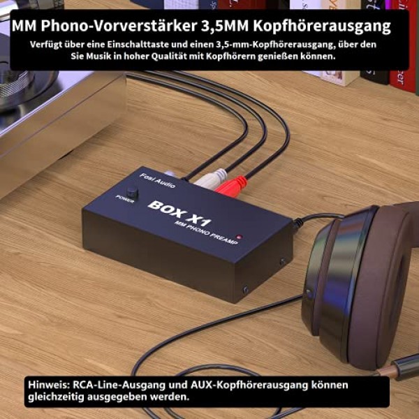 Fosi Audio Box X1 MM 턴테이블용 포노 프리앰프 미니 스테레오 오디오 HiFi 축음기/턴테이블 프리앰프(3.5mm 헤드폰 및 12V 전원 공급 장치가 있는 RCA 출력 포함)
