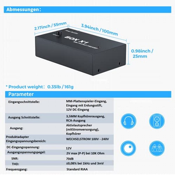 Fosi Audio Box X1 MM 턴테이블용 포노 프리앰프 미니 스테레오 오디오 HiFi 축음기/턴테이블 프리앰프(3.5mm 헤드폰 및 12V 전원 공급 장치가 있는 RCA 출력 포함)