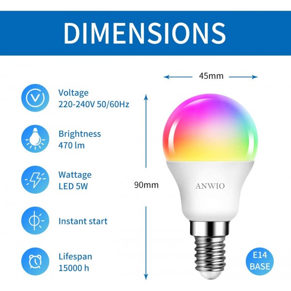 E14 WiFi 스마트 LED 전구, ANWIO G45 Alexa 전구 E14 소형 나사, Alexa, Echo, 470LM, 5W와 함께 작동, 40W 교체, Google Assistant, RGB 색상 변경 전구, TUYA/Smart Life APP(2팩) 2개(팩) 1)