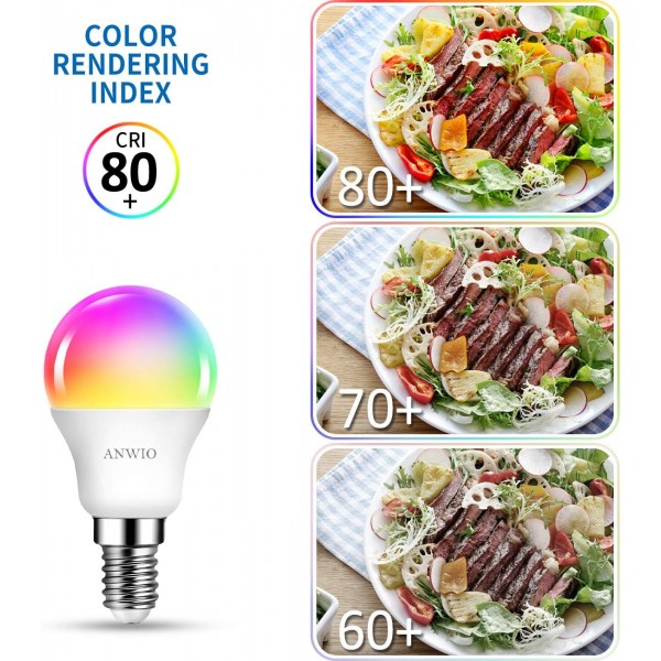 E14 WiFi 스마트 LED 전구, ANWIO G45 Alexa 전구 E14 소형 나사, Alexa, Echo, 470LM, 5W와 함께 작동, 40W 교체, Google Assistant, RGB 색상 변경 전구, TUYA/Smart Life APP(2팩) 2개(팩) 1)