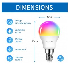 E14 WiFi 스마트 LED 전구, ANWIO G45 Alexa 전구 E14 소형 나사, Alexa, Echo, 470LM, 5W와 함께 작동, 40W 교체, Google Assistant, RGB 색상 변경 전구, TUYA/Smart Life APP(2팩) 2개(팩) 1)