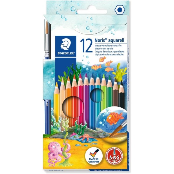 Staedtler 14410NC12 - 노리스 클럽 수채화 색연필 12가지 선명한 색상 + Pritt 풀 스틱 안전하고 어린이 친화적인 풀 스틱 4개 세트 1케이스 12색 색연필