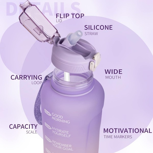 DEARRAY 2리터 대형 물병 with 빨대 & 타임 마커 2L BPA Free Motivational Water Bottle with Time 2000ml Motivational Sports Bottle for Gym, Fitness, Hiking (Light Purple/Light Pink) 라이트 퍼플 / 라이트 