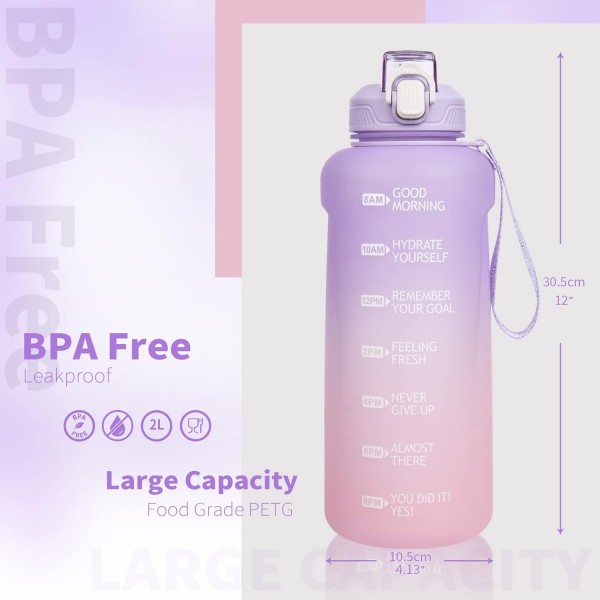 DEARRAY 2리터 대형 물병 with 빨대 & 타임 마커 2L BPA Free Motivational Water Bottle with Time 2000ml Motivational Sports Bottle for Gym, Fitness, Hiking (Light Purple/Light Pink) 라이트 퍼플 / 라이트 