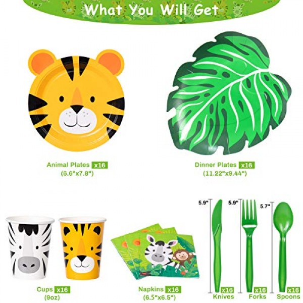 DECORLIFE 112개 사파리 접시와 냅킨, 사파리 테마 파티 용품 16인분 동물 종이 접시, 컵, 냅킨 세트, 칼, 포크, 스푼 포함