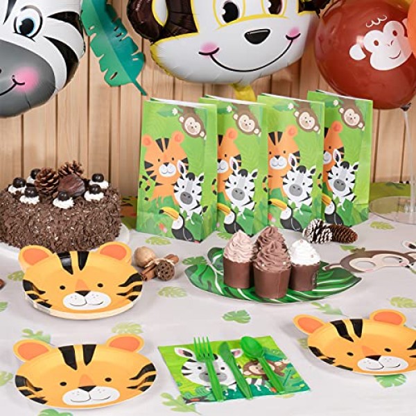 DECORLIFE 112개 사파리 접시와 냅킨, 사파리 테마 파티 용품 16인분 동물 종이 접시, 컵, 냅킨 세트, 칼, 포크, 스푼 포함