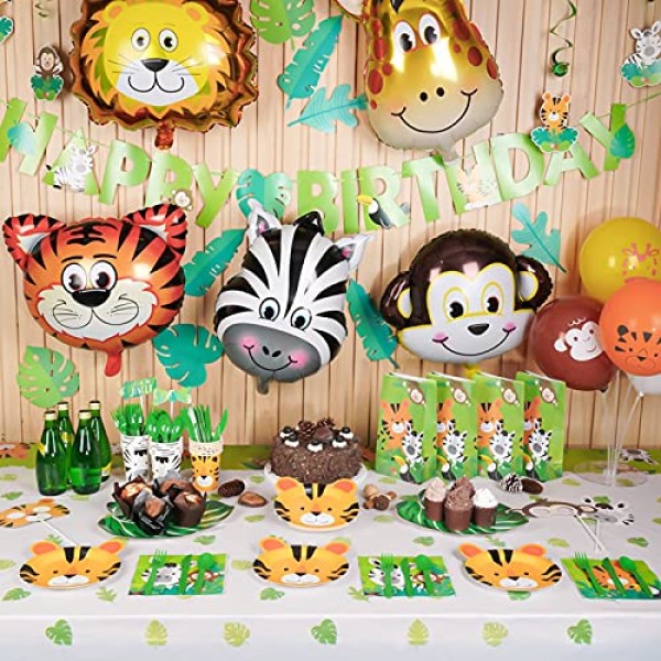 DECORLIFE 112개 사파리 접시와 냅킨, 사파리 테마 파티 용품 16인분 동물 종이 접시, 컵, 냅킨 세트, 칼, 포크, 스푼 포함