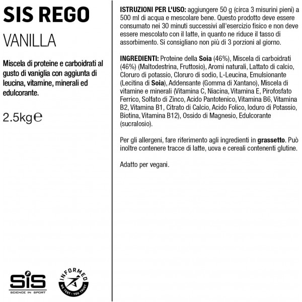 SiS Rego Rapid Recovery 단백질 및 탄수화물 쉐이크, 바닐라 맛 완전 회복 제품, 글루텐 프리 및 유제품 프리 - 2.5kg (50인분) 바닐라 맛 2.5KG