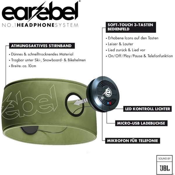 Earebel Sound by JBL Bluetooth 5.0 마이크 포함 온이어 헤드폰 - 달리기, 운동, 체육관, 훈련용 헤드폰이 있는 스포츠 성능 헤드밴드 아미 그린 - Apple UVM과 호환 가능. S/M그린