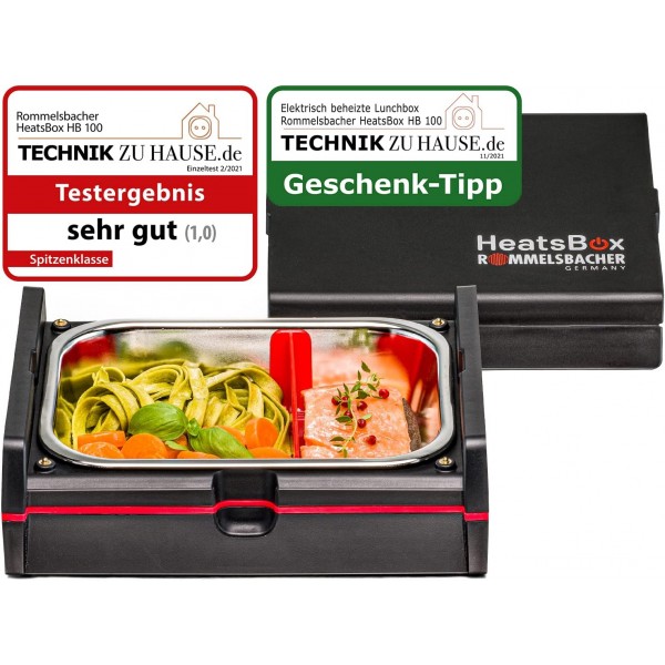 ROMMELSBACHER 전기 가열식 도시락 상자 HB 100 Heatsbox - 음식 가열용, 시간 사전 선택, 스테인리스 스틸 그릇(925ml), 운반용 뚜껑, 앱 및 수동으로 제어 가능, 100와트, 검정색