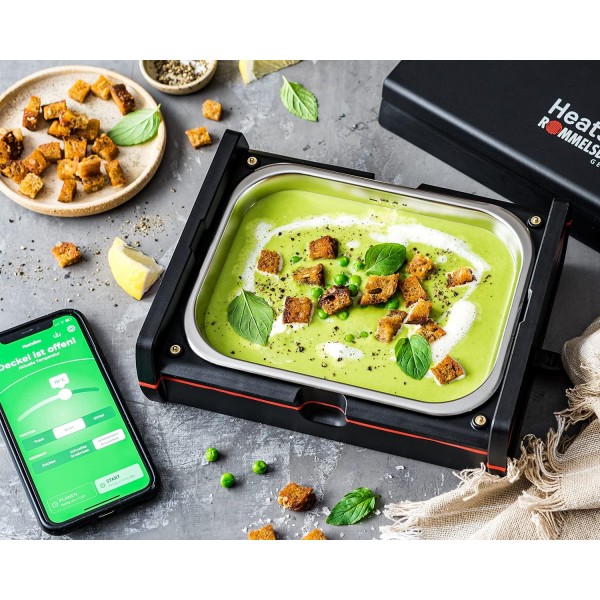 ROMMELSBACHER 전기 가열식 도시락 상자 HB 100 Heatsbox - 음식 가열용, 시간 사전 선택, 스테인리스 스틸 그릇(925ml), 운반용 뚜껑, 앱 및 수동으로 제어 가능, 100와트, 검정색