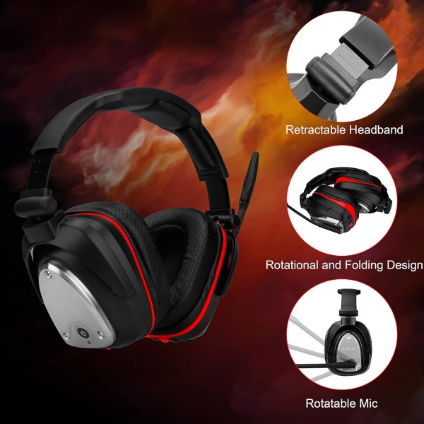 PS4,PS4 슬림 닌텐도 스위치 및 PC용 HUHD 2.4G 무선 게임용 헤드셋 Deep Bass 및 Rotating Metal Earcups Single