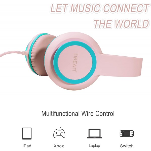 소녀 소년을위한 마이크가있는 DREATI Kids 헤드폰 PC/Mac/Android/Kindle/Tablet/iPad Pink Rose 용 3.5mm 잭이있는 유선 조절 식 헤드폰