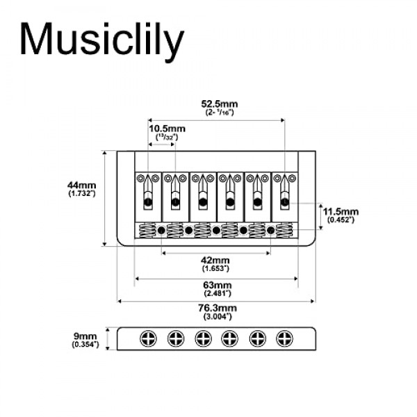 Musiclily 52.5mm 고정 하드테일 브릿지 6현 펜더 Strat Stratocaster 텔레 텔레캐스터 기타 교체용 비트레몰로 일렉트릭 기타 브릿지, 블랙