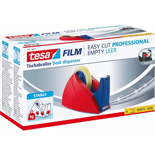 tesa® Easy Cut Professional - tesafilm®용 안정적인 테이블 디스펜서 - 대형 접착 필름 롤 처리용 - 레드/블루
