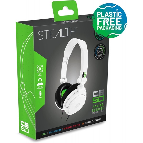 Stealth C6-50 스테레오 게임용 헤드셋 - XBox One 시리즈 S/X PS4/5 스위치 PC와 ​​호환되는 흰색 및 녹색 다중 플랫폼 강력한 40mm 스피커가 있는 접이식 접이식 3.5mm 잭 흰색/