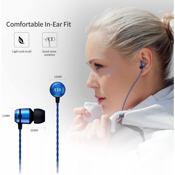 마이크가 없는 SoundMAGIC E50 유선 이어버드, 인이어 HiFi 이어폰, 소음 차단 헤드폰, 편안한 착용감, 블루 블루 케이블