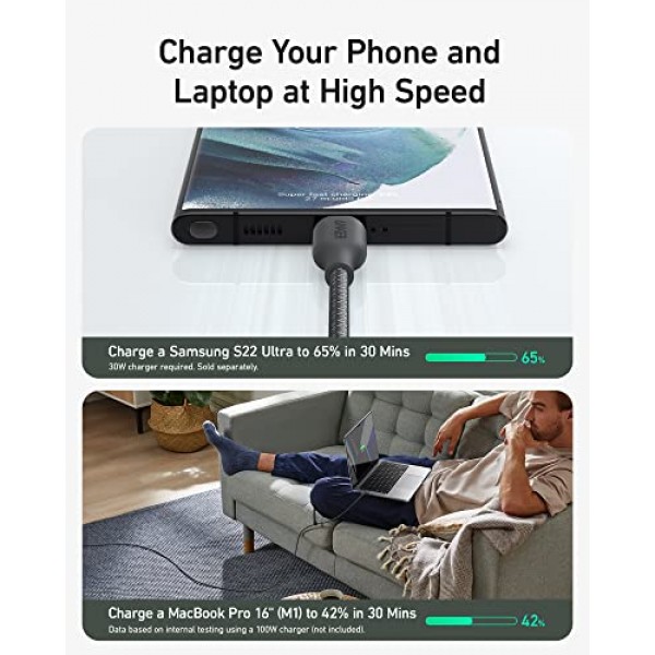 Anker USB C-C 충전기 케이블(240W, 6피트), iPhone 15/15 Plus/ 15 Pro/ 15 Pro Max, MacBook Pro 2020, iPad Pro 2020, iPad Air 4, Samsung Galaxy S23(팬텀 블랙)용 바이오 브레이드