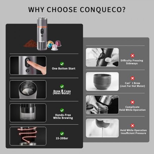 CONQUECO 휴대용 에스프레소 머신 여행: 캠핑용 12v 차량용 커피 메이커 - 소형 전기 - 2.5분 가열 - 1회 충전으로 에스프레소 8컵