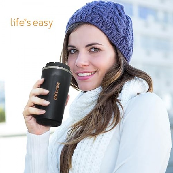 Life's Easy 16온스 누출 방지 뚜껑이 있는 진공 단열 스테인레스 스틸 커피 머그 - 뜨거운 음료 및 차가운 음료용 재사용 머그 - 유출 방지 - 열 플라스크 - 이중 벽 강철 