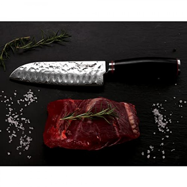 YOUSUNLONG 산토쿠 칼 7인치 요리사 칼 - 일본 망치 다마스커스 강철 - 가죽 칼집이 있는 천연 납나무 손잡이