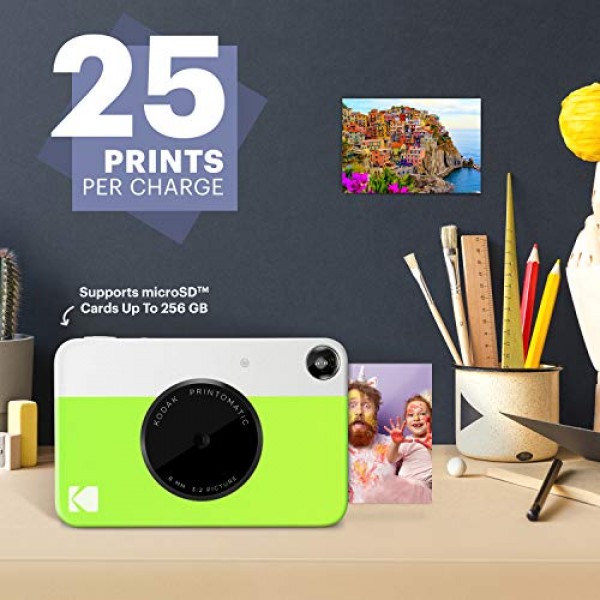 Kodak Printomatic 디지털 즉석 인쇄 카메라(네온 그린) 및 Kodak 2ʺx3ʺ 프리미엄 ZINK 인화지(50매)