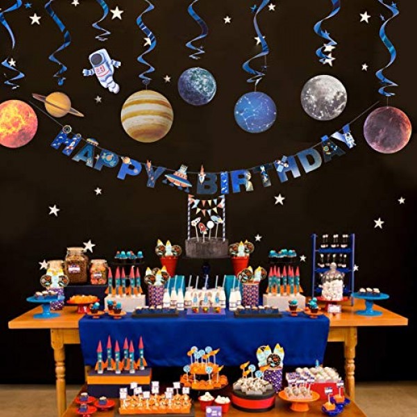 태양계 파티 장식 생일 축하 배너 우주 행성 케이크 토퍼와 소용돌이 매달려 어린이 생일 파티 용품 12 Pcs Easy Joy
