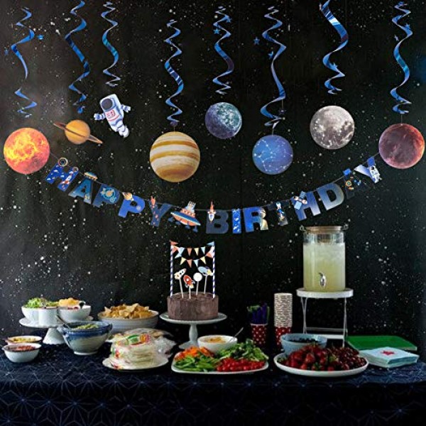 태양계 파티 장식 생일 축하 배너 우주 행성 케이크 토퍼와 소용돌이 매달려 어린이 생일 파티 용품 12 Pcs Easy Joy